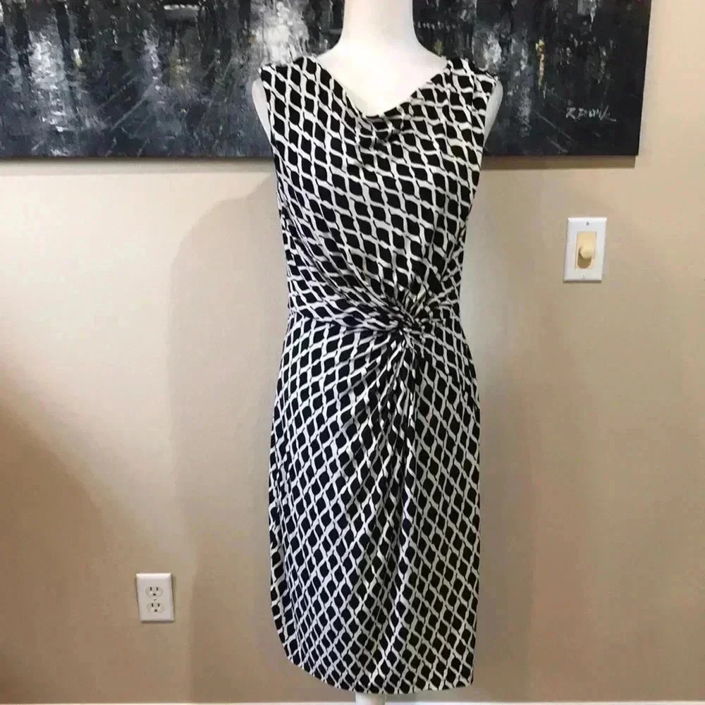 Lauren Ralph Lauren Black & White Draped Neck Knotted Cinch Waist Midi Dress-10